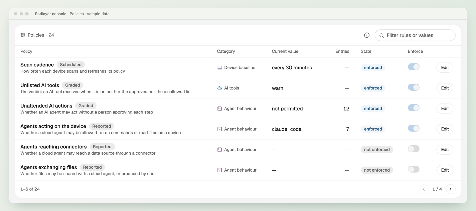 Endlayer policy table with rules for scan cadence, unlisted AI tools, unattended AI actions and agents acting on the device